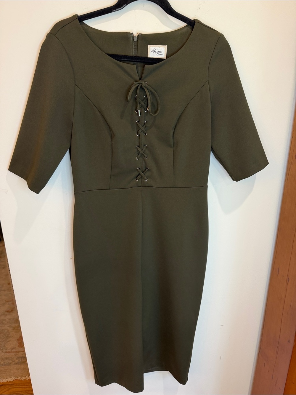 Beige by ECI Olive/Army Green Lace-Up Midi Dress, S